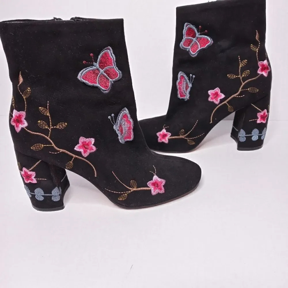 Nanette Lepore Black Suede Embroidered Lilly Ankle